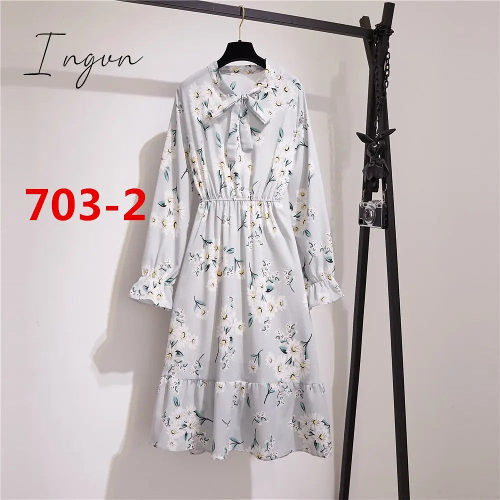 Ingvn - 11 Style Beautiful Fashion Summer Women Long Sleeve Dress Retro Collar Casual High Waist Dresses Floral Print Chiffon Clothing