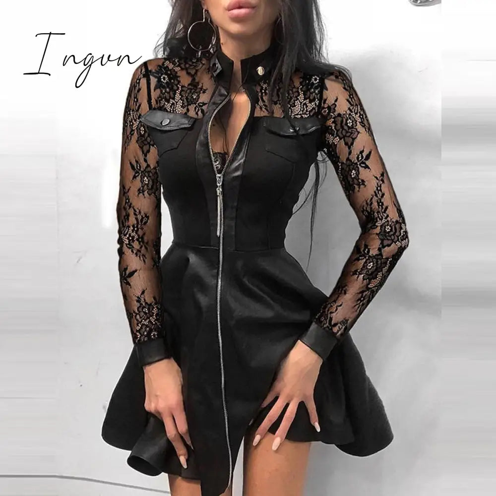 Ingvn - Sexy Stand Collar Print Zipper Long Sleeves Mini Dress Casual Autumn Winter Fashion Pocket Pu Leather Dress Elegant Slim Dresses