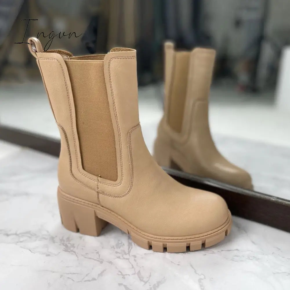 Ingvn - Women's Fashion Slip On Mid Calf Chelsea Boots