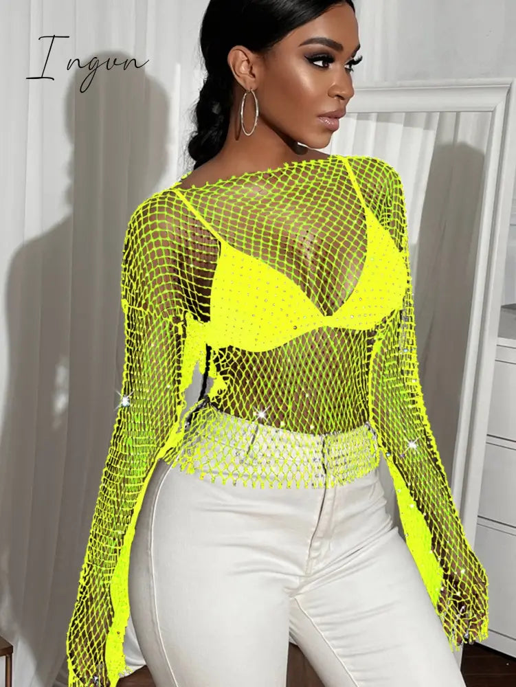 Ingvn - Sexy see through mesh Rhinestone tank top women summer shiny club party crop top long sleeve beach cover up fishnet tops t shirt