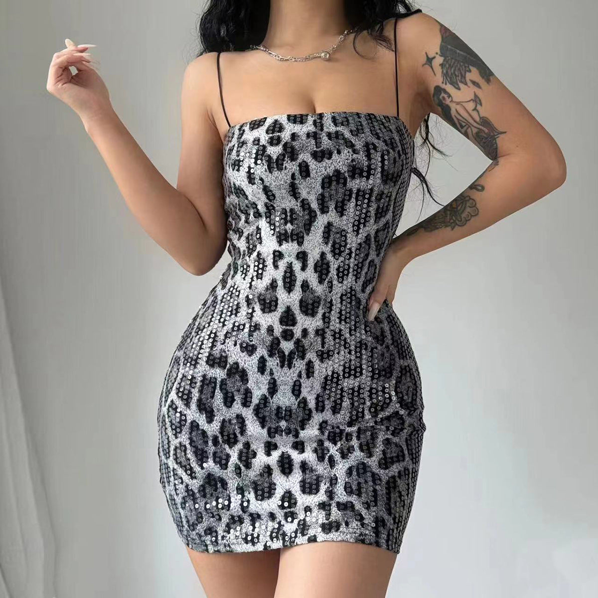 Pphmm outfit inspo Sexy Hot New Fashion Leopard Print Street Style Nightclub All-Match Strap Sequin Dress Women's Clothing