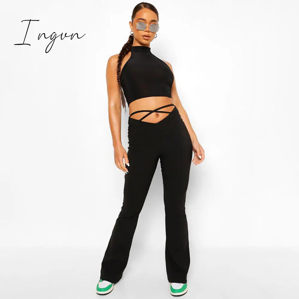 Ingvn - Fashion Trends Cyber Y2k Flare Pants E Girl Style Sexy Strechy Trousers Women Lace Up V Waist Low Rise Harajuku Black Pants C85-BB22
