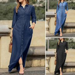 Ingvn - Casual Shirt Dress Women Turn-Down Collar Long Dresses Office Ladies Single Breasted Maxi Dress Party Dresses Vestidos Robe