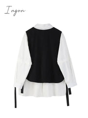 Ingvn - Spring Autumn Women's Two-Piece Sets Streetwear Fashion Tooling Style Vest And Solid Loose Long Sleeve Shirts Female Suit