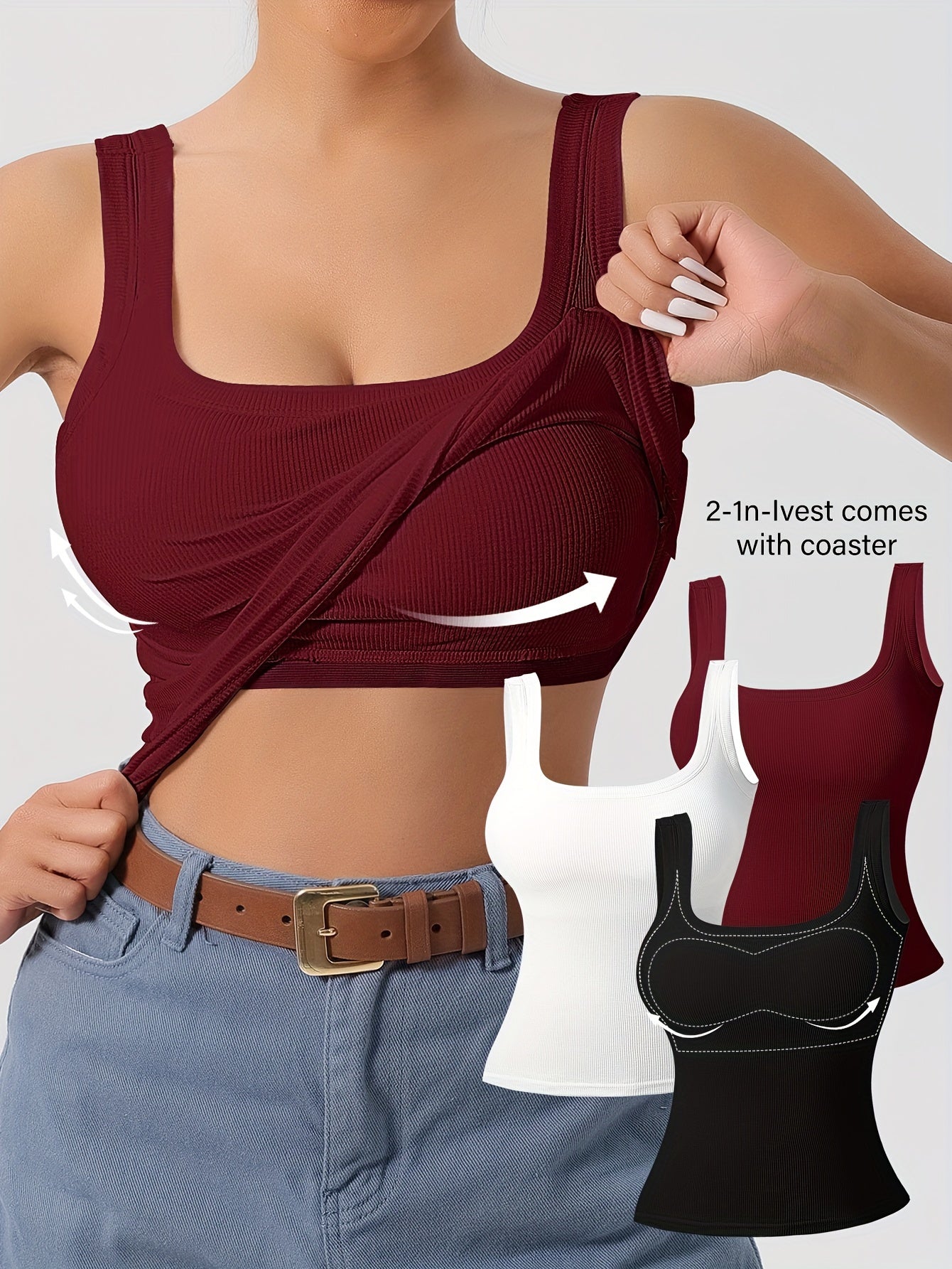 Solid Color Slim Tank Top 3 Packs, Casual Square Neck Sleeveless Versatile Top, Women's Clothing