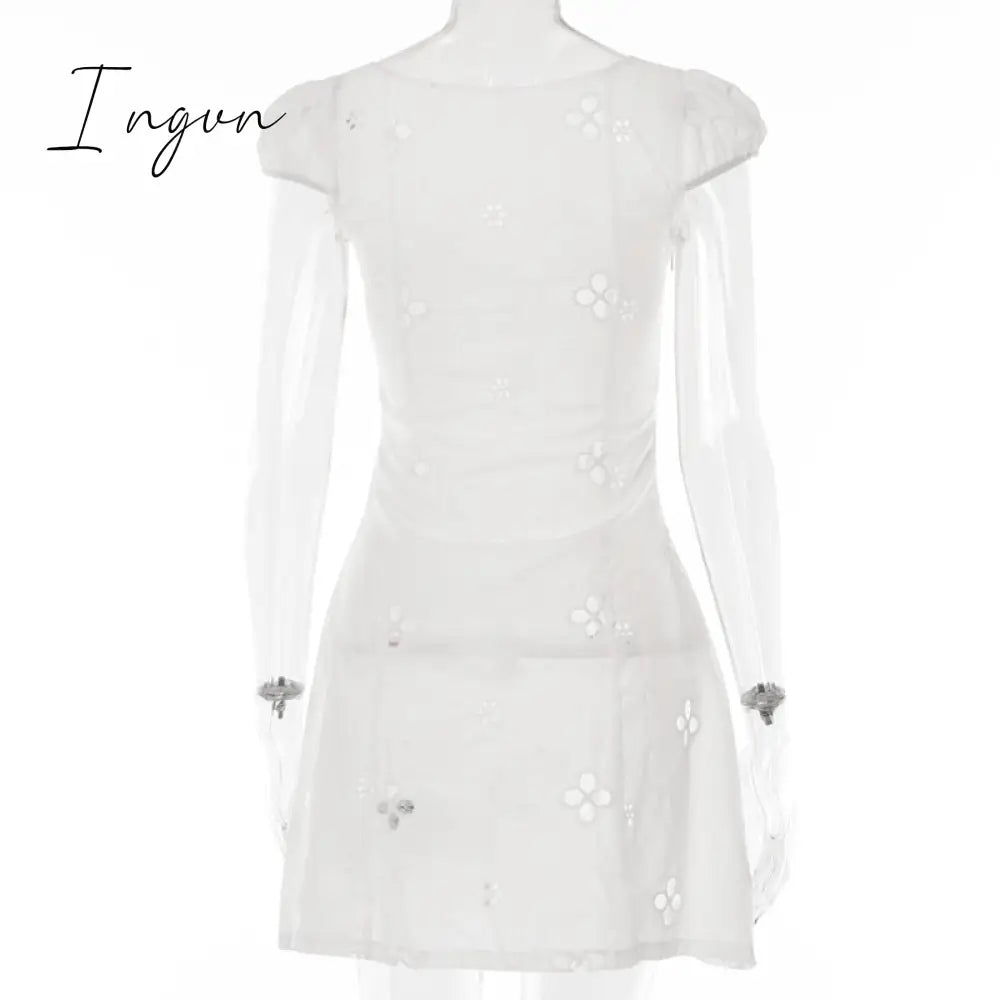 Ingvn - Square Collar Black Mini Dresses 2023 Summer Sexy High Waist Short Sleeve Beachwear Bodycon Hollow Out Sundress Female Ingvn