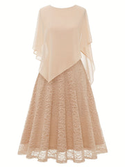 Solid Lace Chiffon Maxi Dress, Elegant Short Sleeve Dress For Wedding Party, Women's Clothing