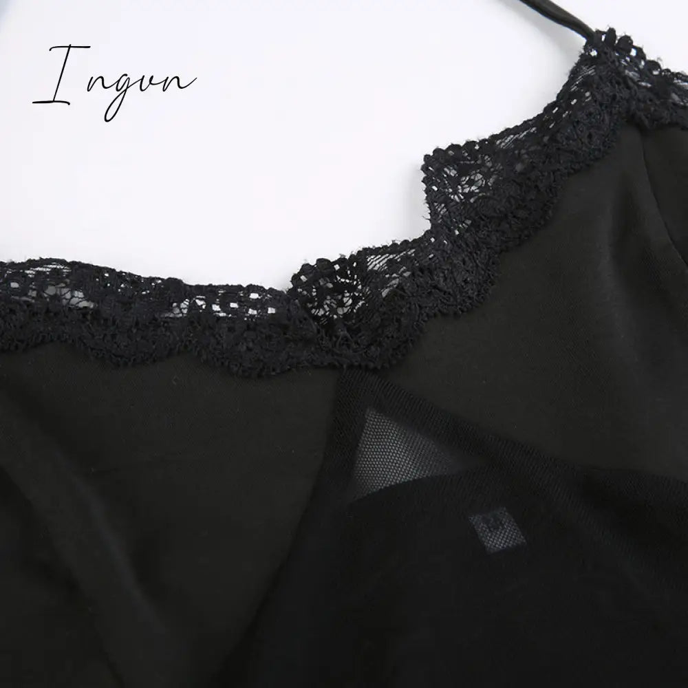 Ingvn - Hot Sell Slash Neck Sexy Black Mesh T-Shirts Women Lace Patchwork Rave Goth Clubwear Backless Halter Tie Up Spaghetti Strap Tops