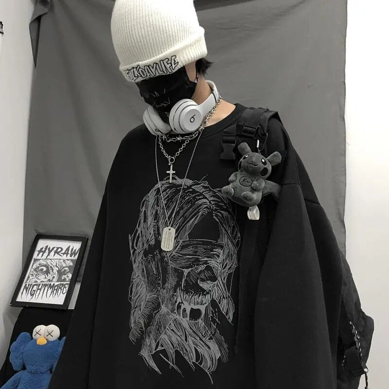 Retro dark printed sweatshirt for couples to wear loose black long sleeve top fashionable wide Songyuan night style album top