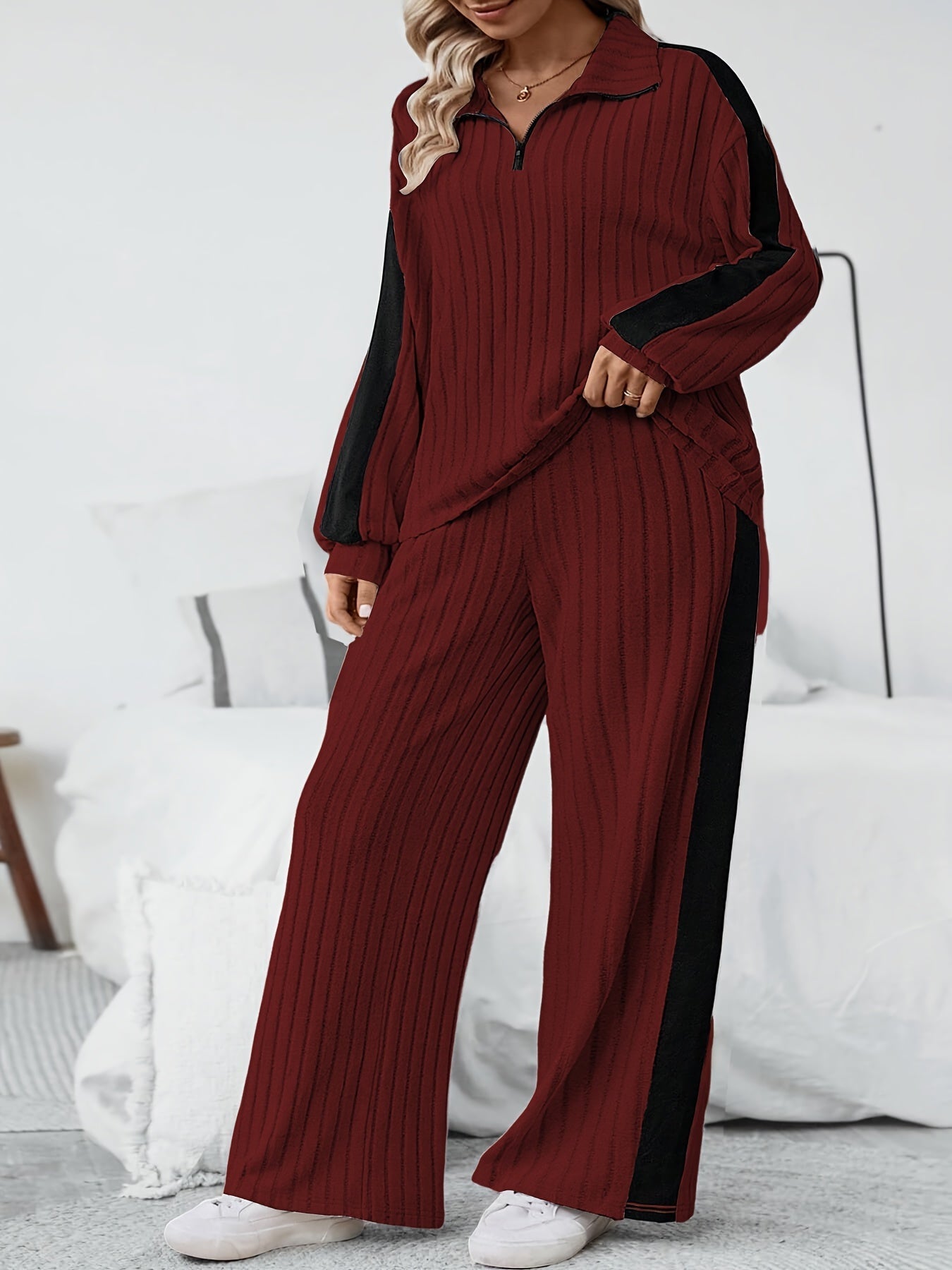 Stylish Plus Size Co-ords - Ribbed Half Zip Long Sleeve Sweatshirt and Wide Leg Pants Outfits for Women - Casual, Comfortable, and Chic Clothing Set for Curvy Figures