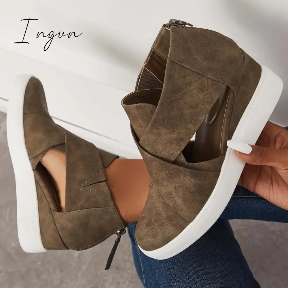 Ingvn - Casual Wedge Sneakers Platform Crisscross Cut Out Shoes