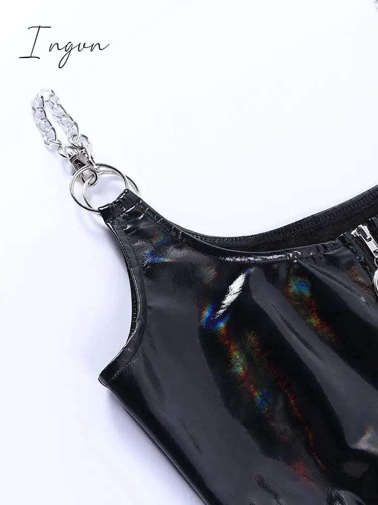 Ingvn - Gothic Summer PU Black Camis Women Punk Grunge Sleeveless Sexy Halter Crop Top Streetwear Aesthetic Hollow Out Camisole