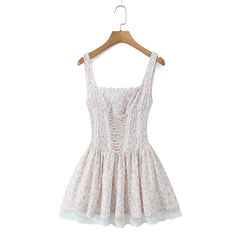 Elegant Women Floral Print Princess Sling Mini Dress Front Bandage Lace Patchwork A-line Summer Dress Holiday Party Robe