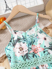 Long Length Girls Floral Print Bohemian Lace Waistline Suspender Dress - Delicate Contrast Lace, Non-Stretch Polyester Fabric, Regular Fit, Perfect for Summer Holiday and Casual Outings