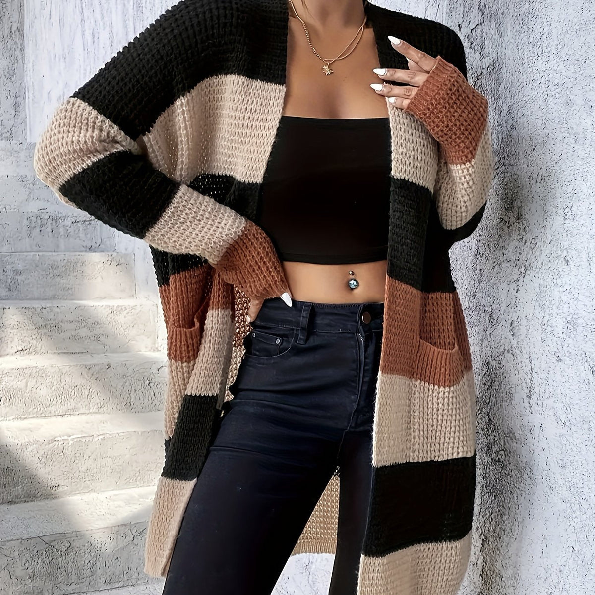 Long Sleeve Color Block Pockets Cardigan for Fall & Winter, Casual Women's Clothing