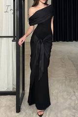 Sexy Formal Solid Mesh Oblique Collar Evening Dresses
