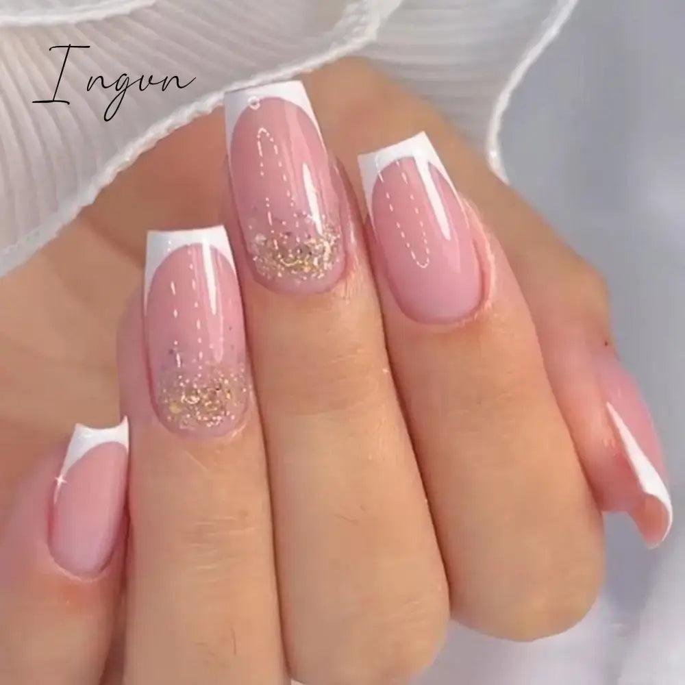 24pcs Mid-length Simple Smudged False Nails Wearable French Ballerina Fake Nails Full Cover Nail Tips Set Press On Nails
