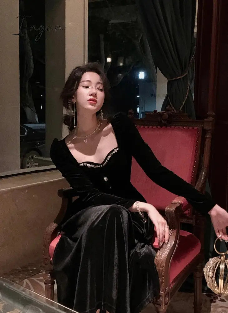Ingvn - Summer New Elegant Spaghetti Strap Velvet Vintage Black Dress Women Sexy Prom Evening Party Fashion Clothing