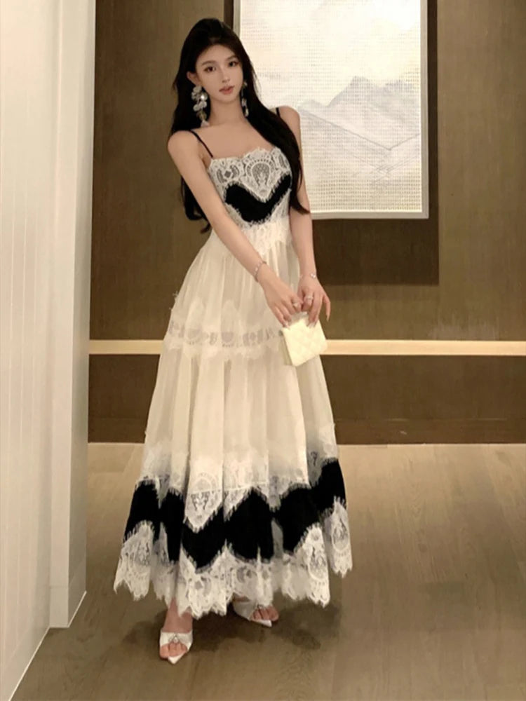Vintage Fashion Women's Black Beige Patchwork Elegant Pleated Evening Party Dress French Summer Sleeveless Backless Slip Dresses