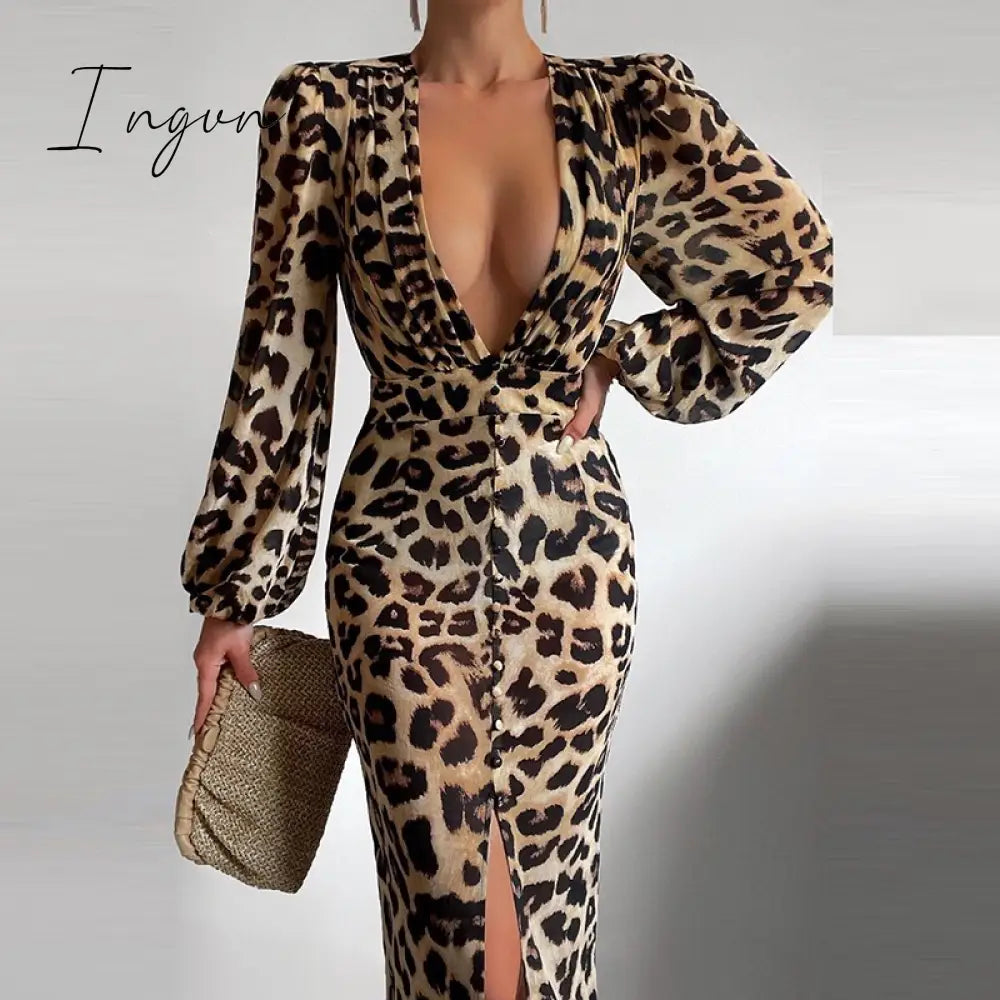 Ingvn - Women Sexy Button V-Neck Slit Party Dress Lady Elegant Print Slim Maxi Dress Spring Summer Casual Long Sleeve High Waist Vestido