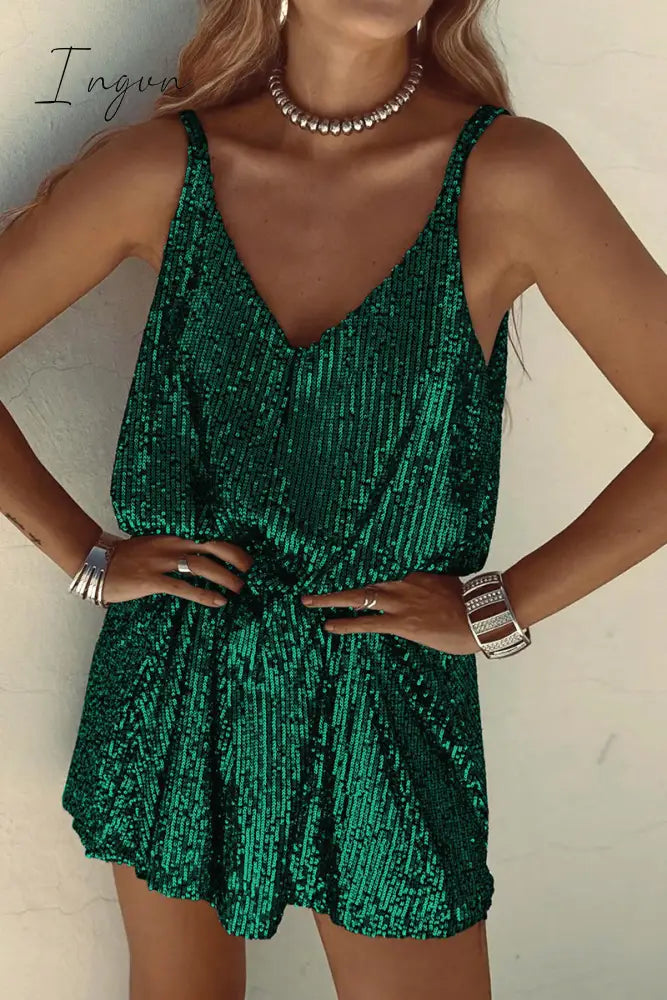 Ingvn - Sexy Solid Sequins V Neck Sling Dress Dresses