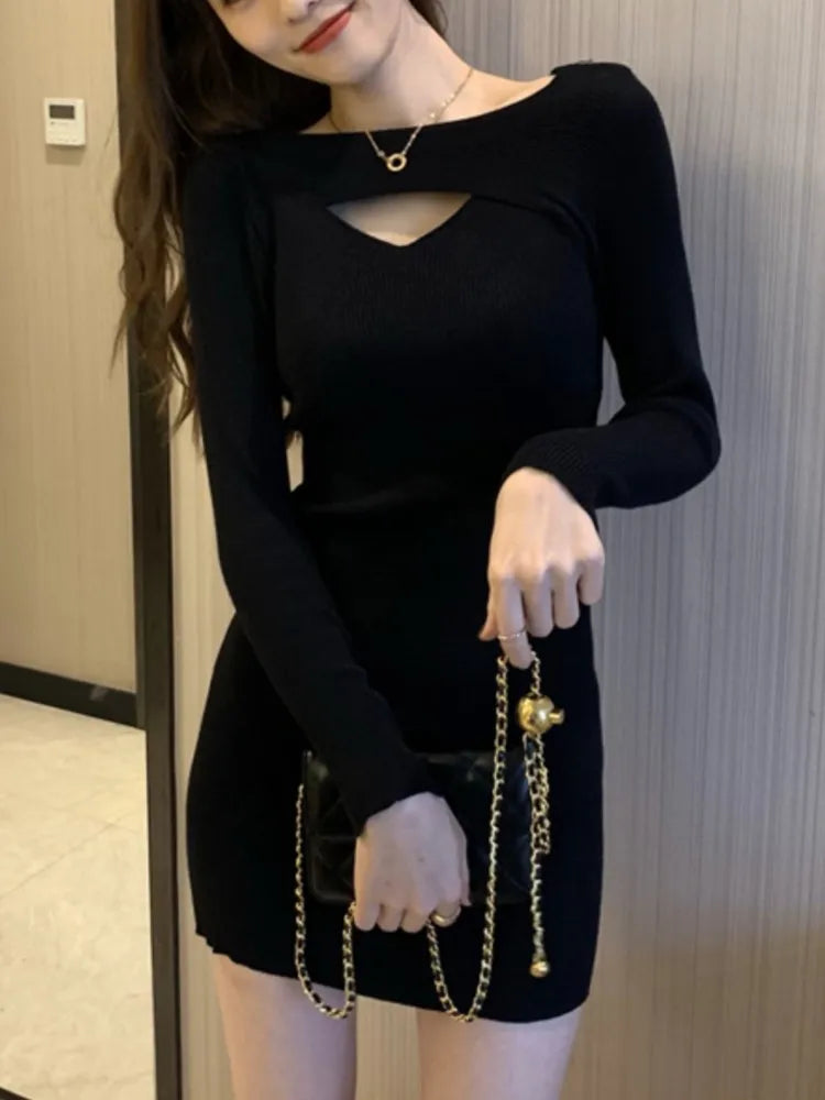 Autumn Hollow Out Knitted Dresses for Women Long Sleeve Solid Bodycon Casual Mini Dress Korean Fashion Vestidos Mujer Knitwear