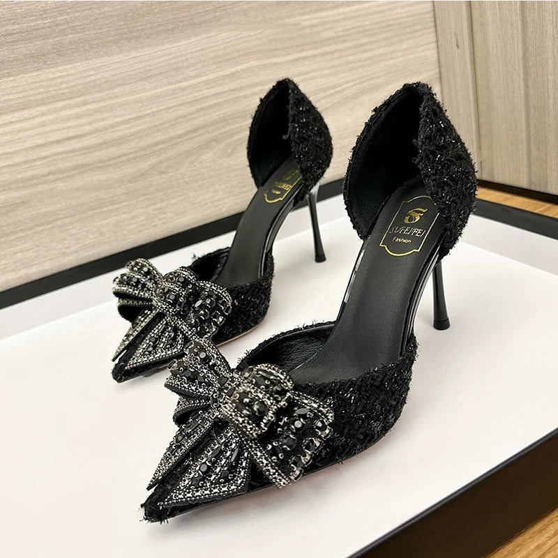 Ingvn  Luxury Pearl Crystal Bowtie White Wedding Shoes Women  Spring Brand Designer High Heels Pumps Woman Thin Heeled Party Shoes