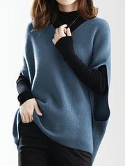 Women's V-Neck Knitted Cardigan, Casual Loose Fit Batwing Sleeves, Solid Color, Polyester, Spring/Autumn Fashion, Sleeveless Pullover Top for Ladies