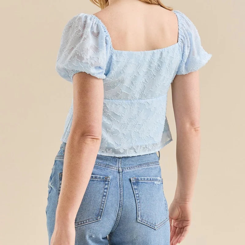 y2k Crop Tops Women Coquette Clothing Jacquard Floral Tie Front Puff Short Sleeve Shirts 2000s Clothes Streetwear
