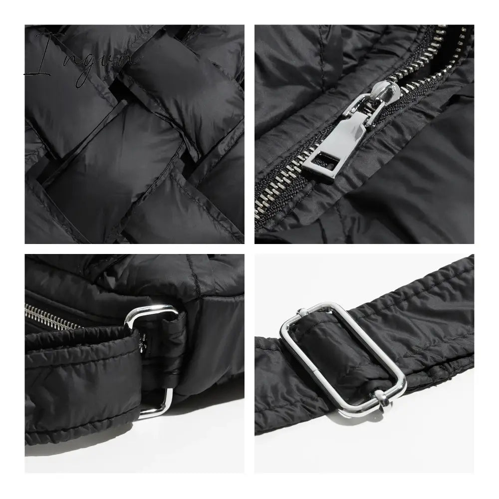 Ingvn - Black Woven Design Padded Shoulder Hobo Bag Cotton Down Crossbody Puffer Purse Big Women Winter Sling Handbag