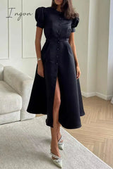 Ingvn - Elegant Solid Buckle O Neck A Line Short Sleeve Dress(5 Colors)