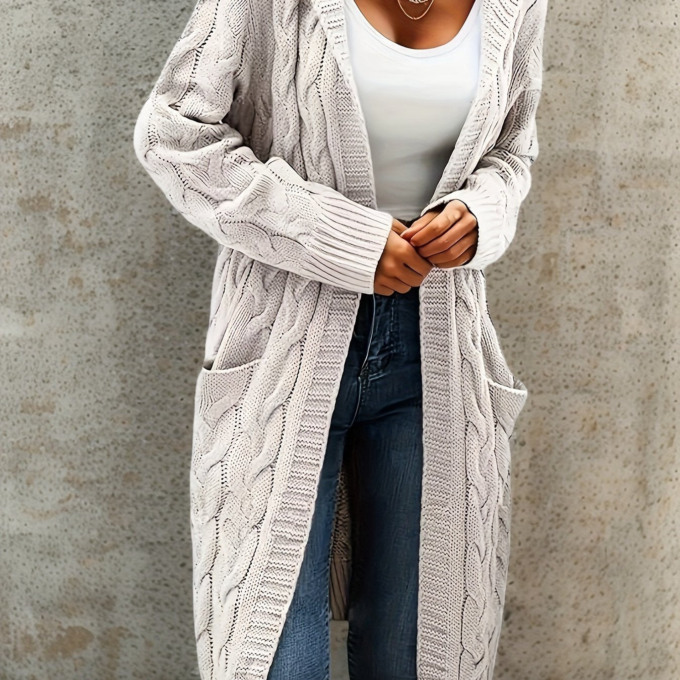 Cozy Micro-Elastic Plus Size Women's Long Sleeve Open Front Hooded Cardigan with Pockets for Casual Daily Wear - Solid Cable