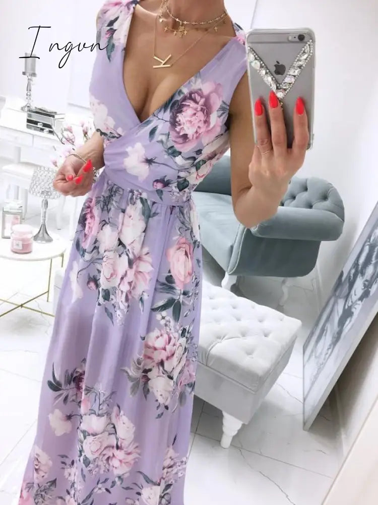 Ingvn - Sexy Long Evening Dress Elegant Dress For Women V-neck Side Split Party Dresses Female Summer Fashion Casual Club Ladies Clothes
