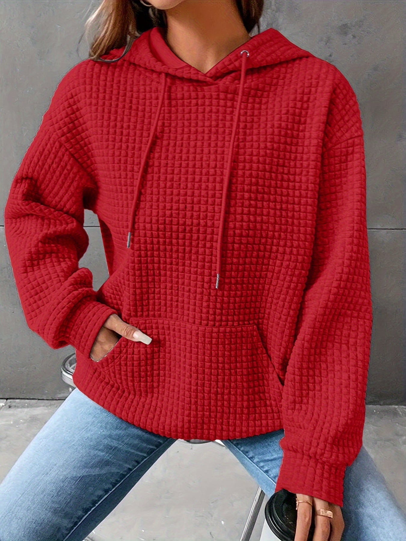 Waffle Grid Kangaroo Pocket Hoodie, Casual Long Sleeve Drawstring Hoodies Sweatshirt, Women's Clothing