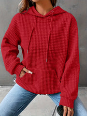 Waffle Grid Kangaroo Pocket Hoodie, Casual Long Sleeve Drawstring Hoodies Sweatshirt, Women's Clothing