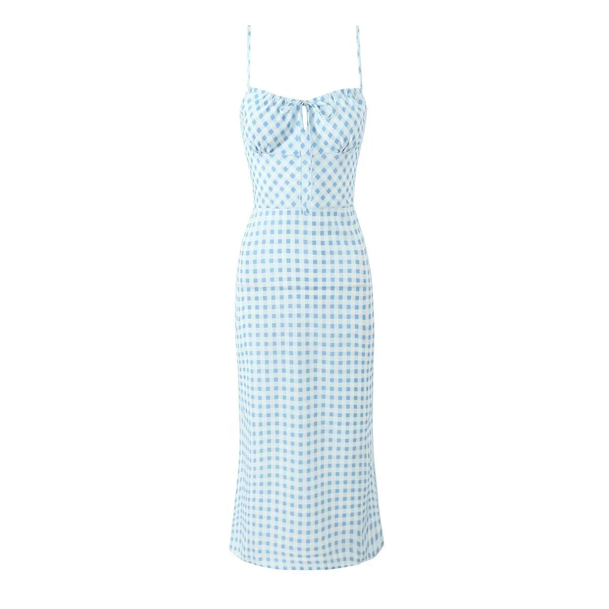 Summer Women Sexy Thin Straps Blue White Plaid Sling Dresses Midi Long Pencil Dress Holiday Robe