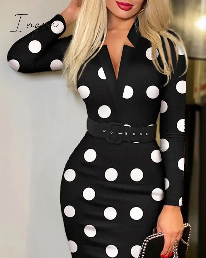 Ingvn - Spring Outfits Trends Office Lady Long Sleeve V-neck Maxi Dress Spring Autumn Vintage Print Slim High Waist Belted Vestidos De Mujer Elegant Dresses