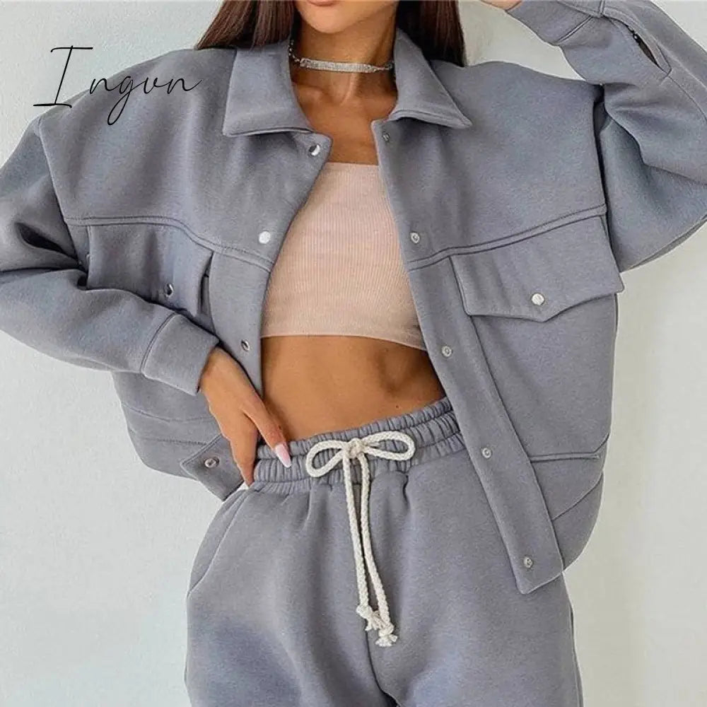 Ingvn - Women Casual Two Piece Sets Autumn Winter Fashion Female Warm Suits Turn-Down Collar Jacket And Drawstring Trouser Tracksuits