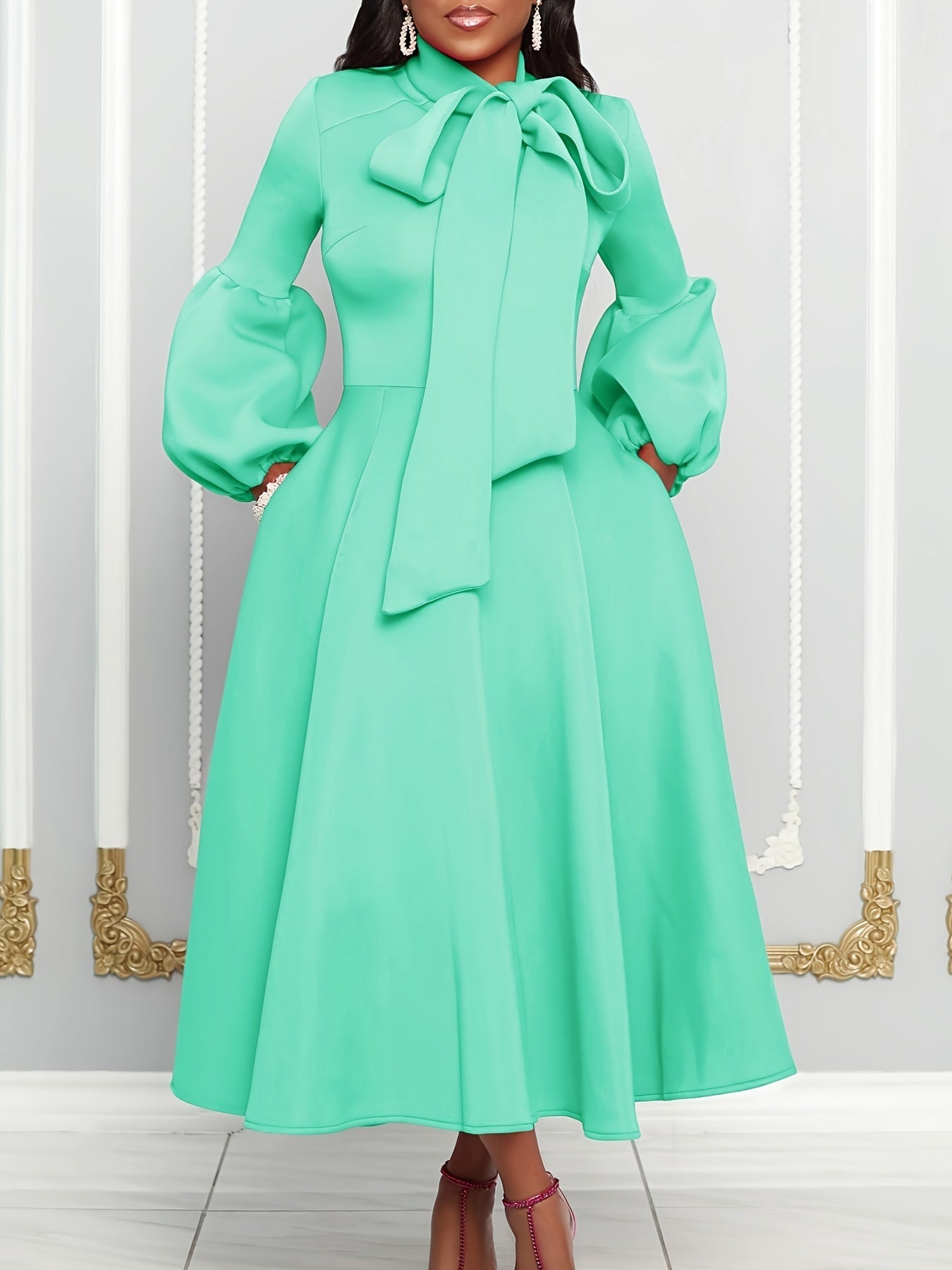 Solid Color Tie Neck Aline Dress, Elegant Ruffle Trim Lantern Sleeve Dress For Spring & Fall, Women's Clothing