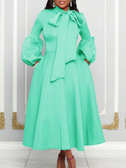 Solid Color Tie Neck Aline Dress, Elegant Ruffle Trim Lantern Sleeve Dress For Spring & Fall, Women's Clothing