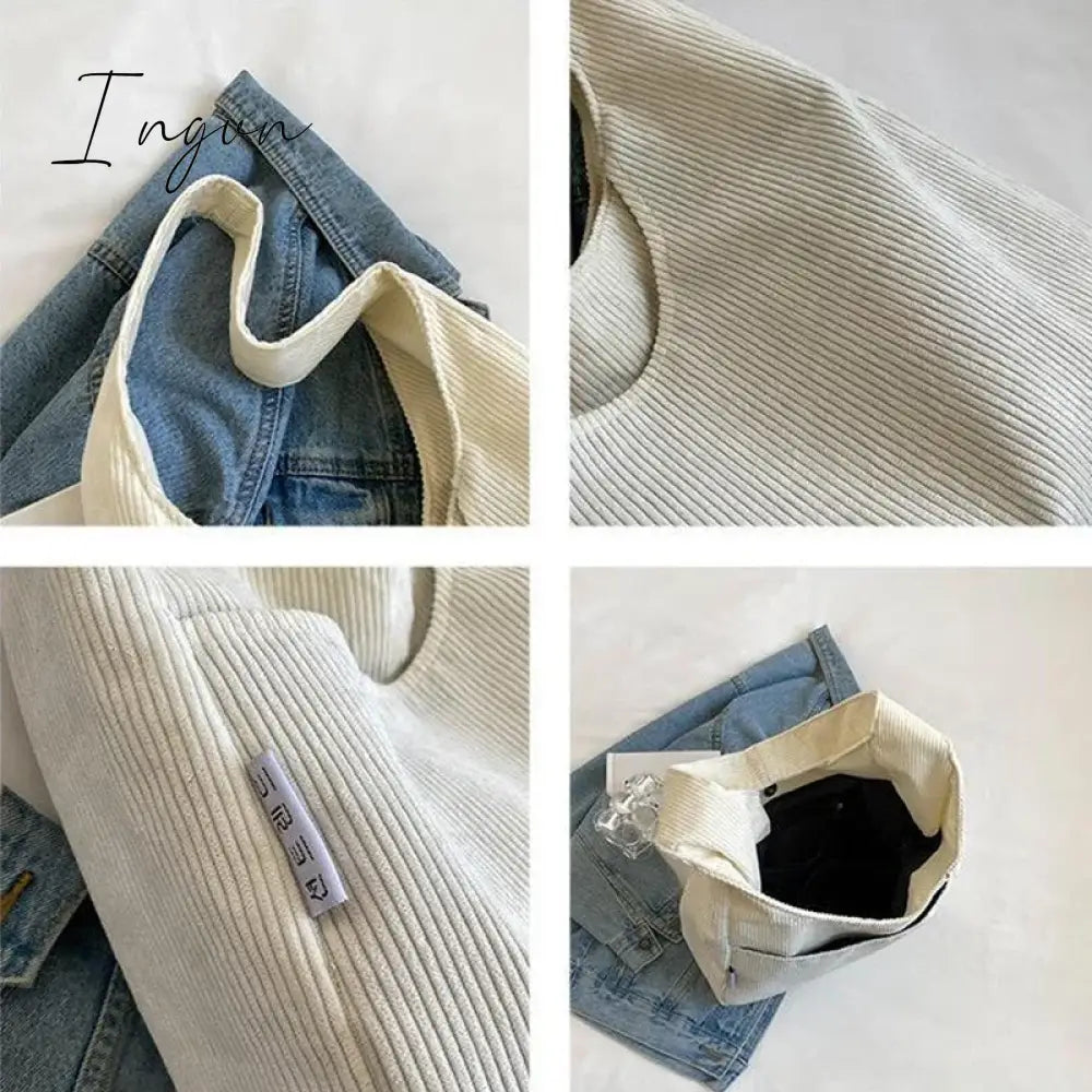 Ingvn - Canvas Shoulder Women's Tote Bag Corduroy Simple Casual Large Capacity Designer Handbags For Women Travel Solid Shopper Bag