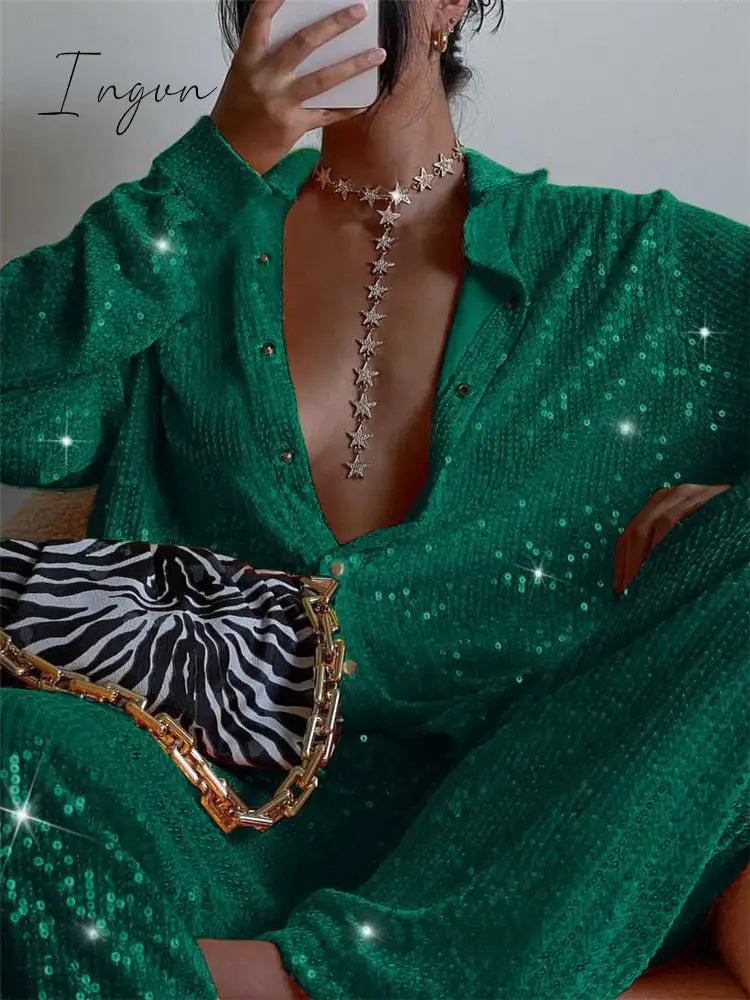 Ingvn - Sparkly Two-piece Set Party Outfits For Womens Sequin Top Blouse Shirt And Pants Suit Female Luxury Evening Tracksuit New