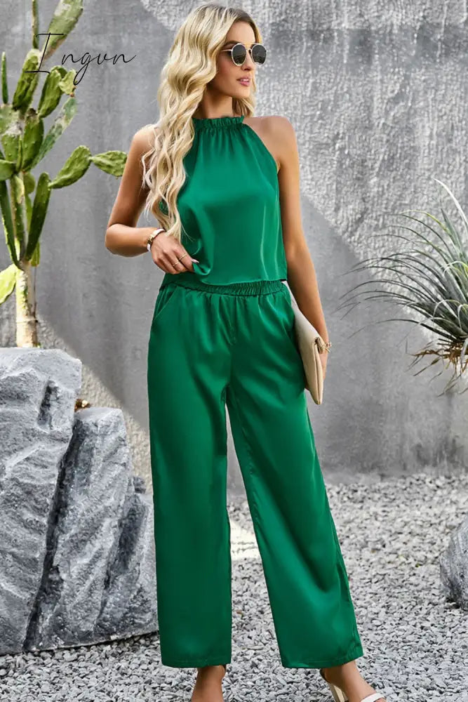 Ingvn - Grecian Neck Sleeveless Pocketed Top and Pants Set