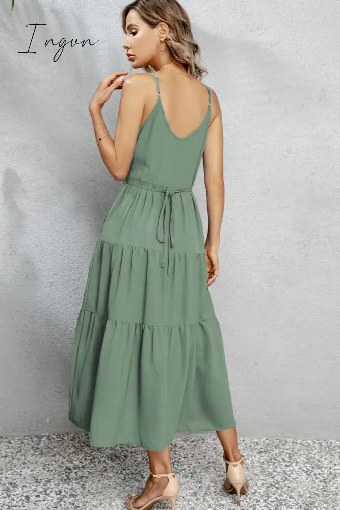 Ingvn - V-Neck Sleeveless Spaghetti Straps Midi Dress