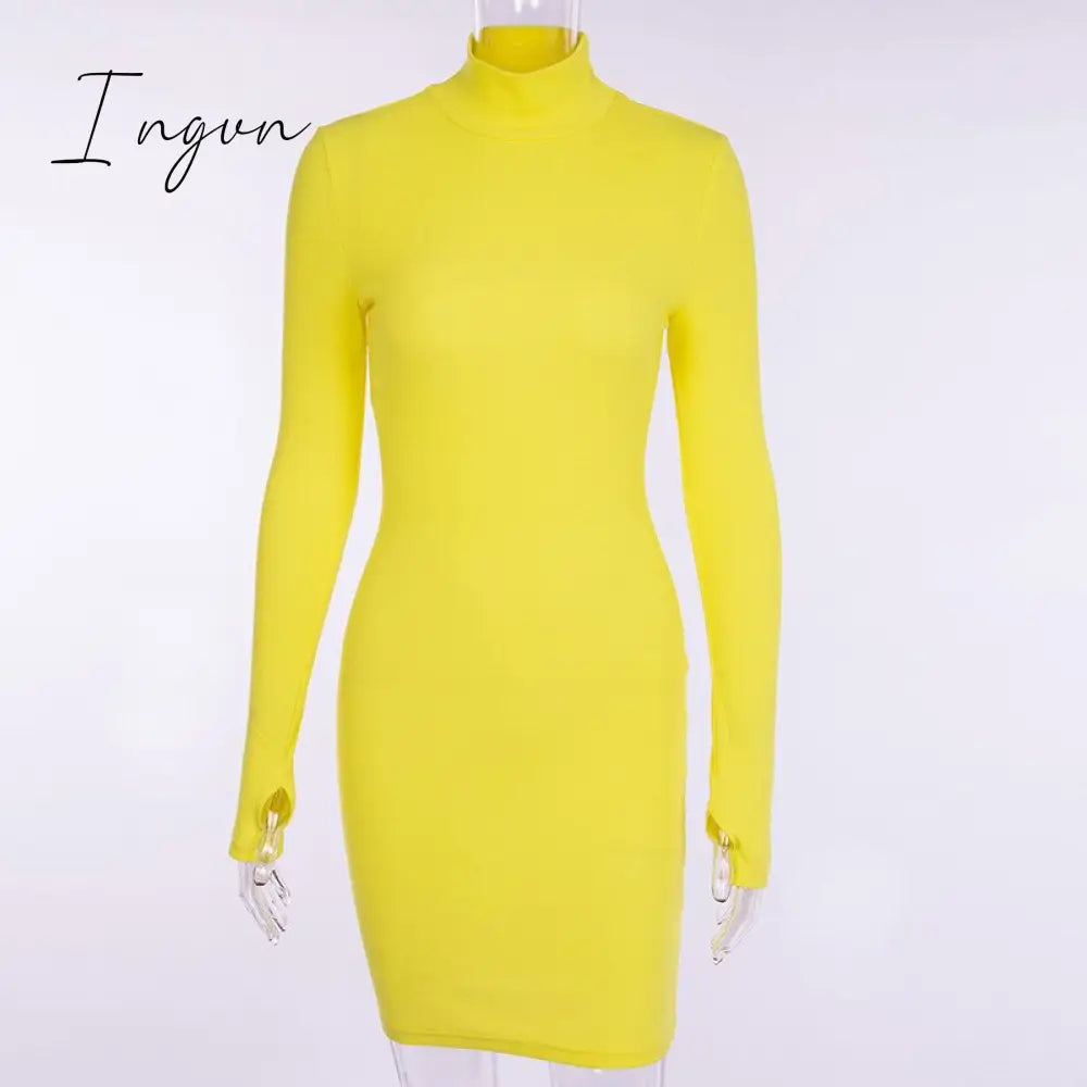 Ingvn - Autumn Long Sleeve Bottom Dress for Women High Collar Temperament Solid Color Dress Bodycon Mini Dresses Female Harajuku