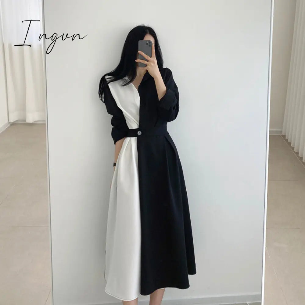 Ingvn - Spring Autumn Retro Temperament Contrast Color Lapel Long-Sleeved Shirt Female Midi Dress Korean Elegant Fashion Slim Chic Dress