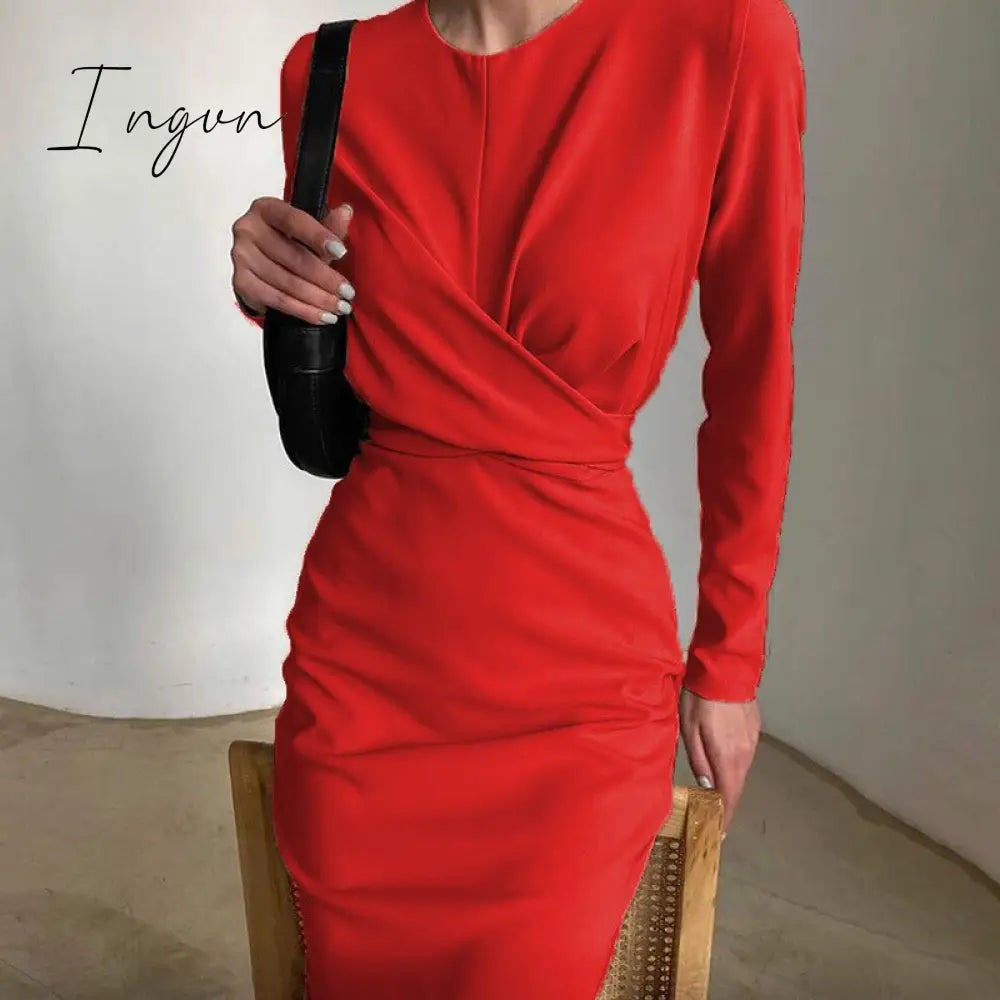 Ingvn - Autumn Elegant Women's French Dress Fashion Long Sleeves Casual Solid Color Dresses New High Waist Office Ladeis Party Vestidos