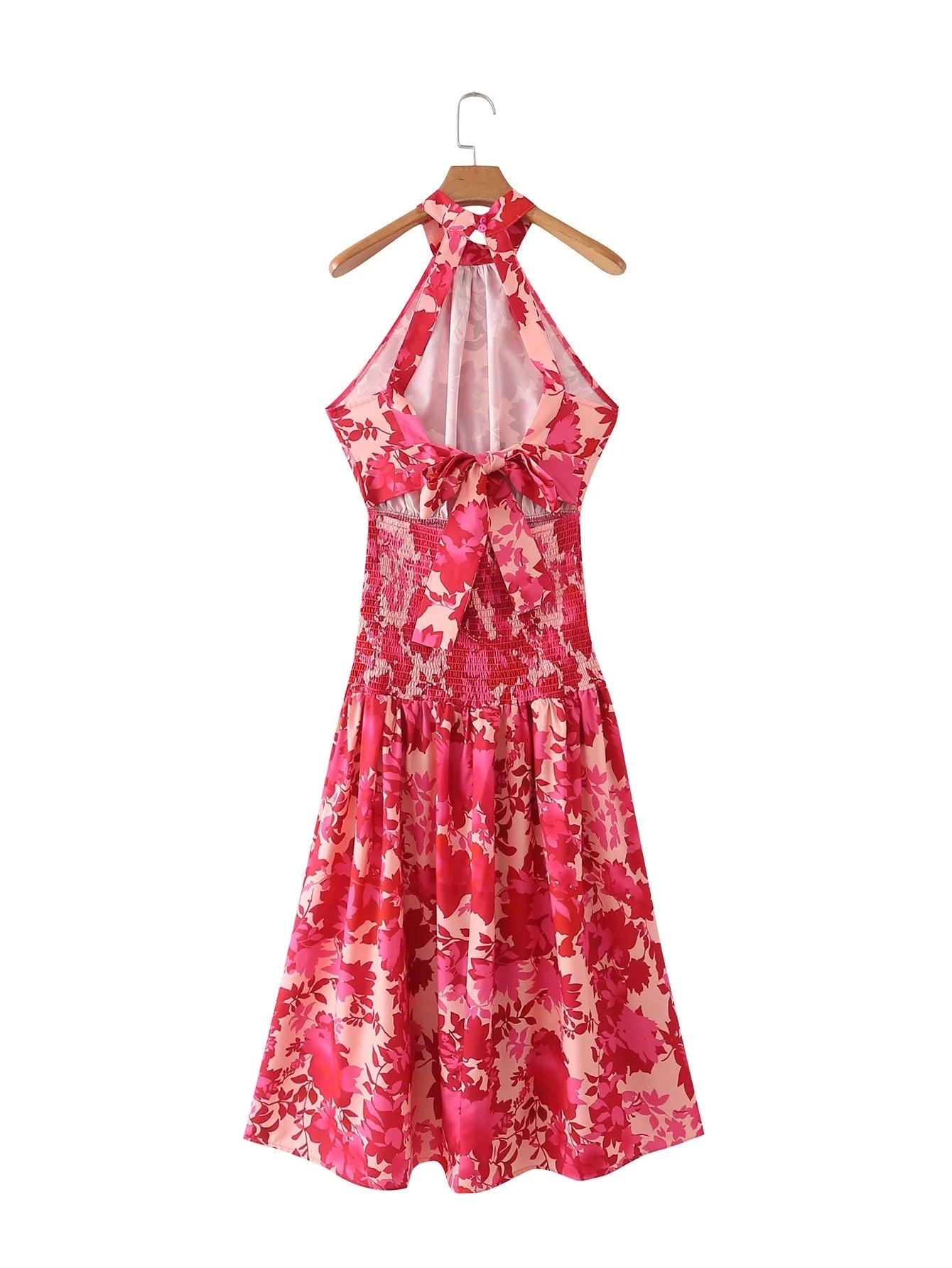 Sleevelss Halter Maxi Summer Dress for Women Sexy Backless Beach Pink Boho Robe Femme  Lace Up Sundress Floral Dress