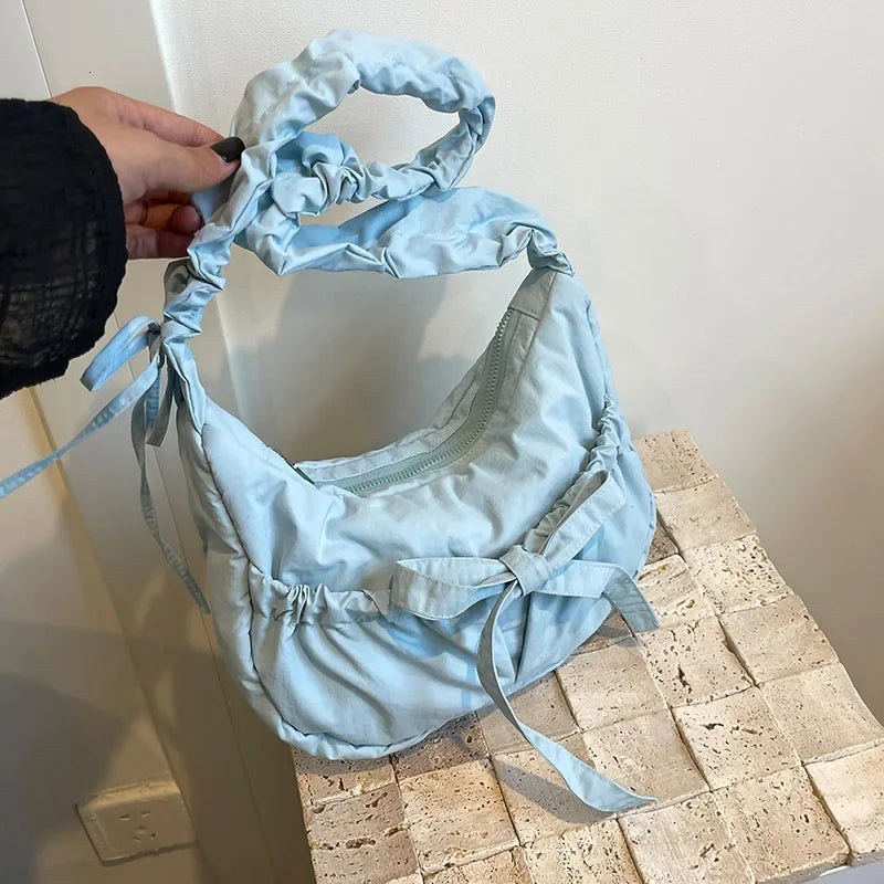 Ingvn  Popular Preppy Style Nylon Bow Hobo Bag Women Cute Pretty Pleated Shoulder Crossbody Bag Drawstring Exquisite Shoulder Bag