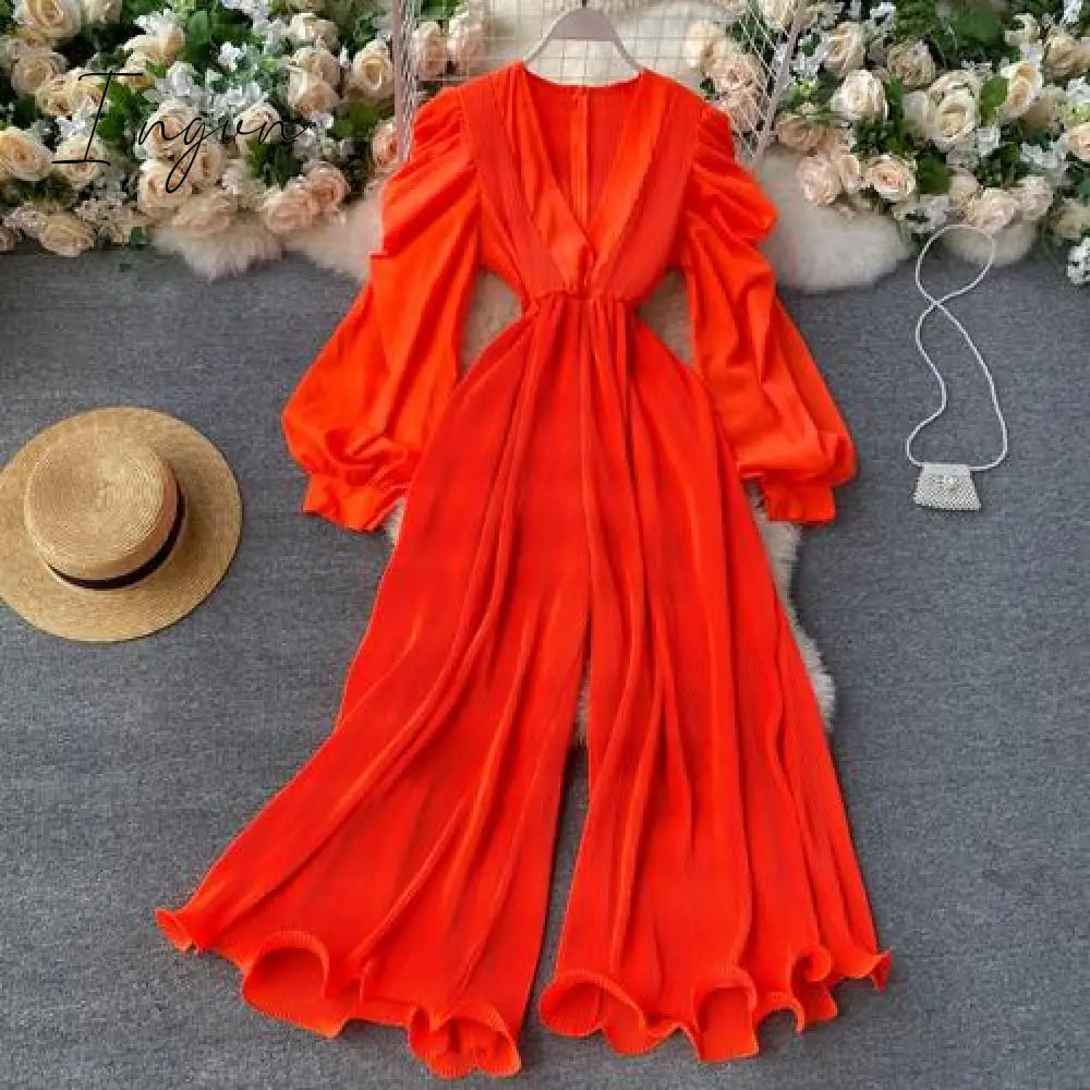 Ingvn - Spring Outfits Women Women's Sexy Pleated Romper Autumn Solid Purple/Black/White Jumpersuit Female Ruffle Wide Leg Draped Playsuits Female New